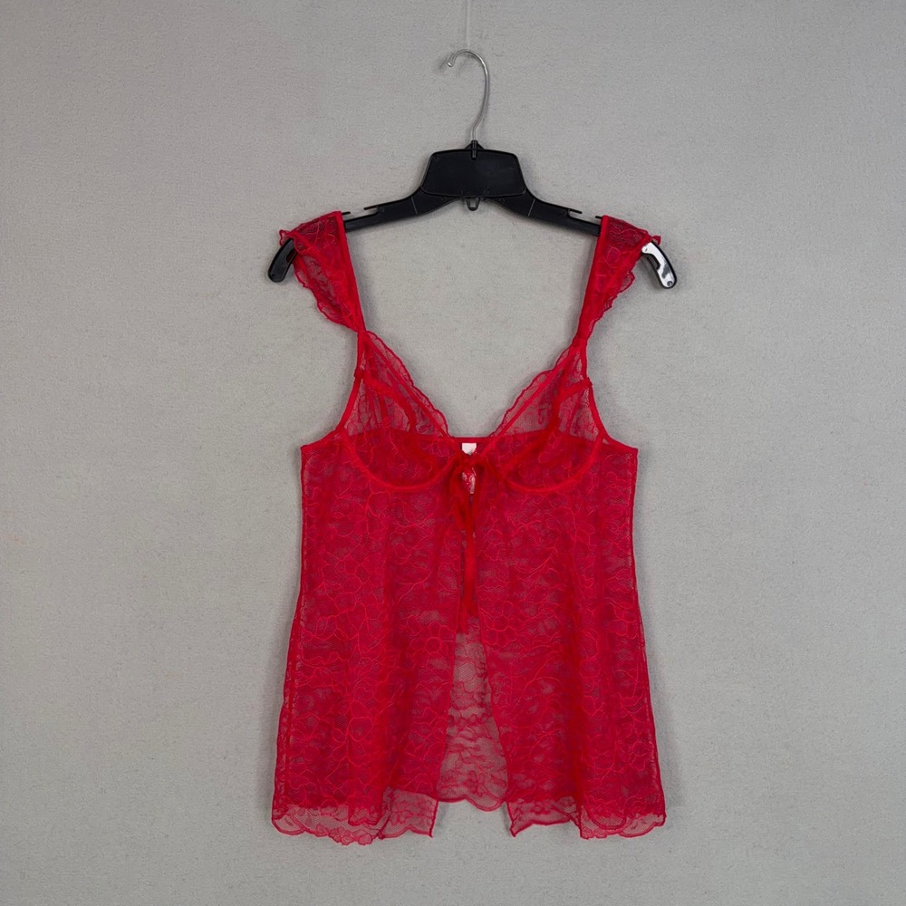 Victoria Secret Babydoll Women Large Red Floral Lace Ruffle Sheer Femenine